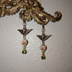 Angel Wing Heart Earrings with Pink Floral and Green Gemstone